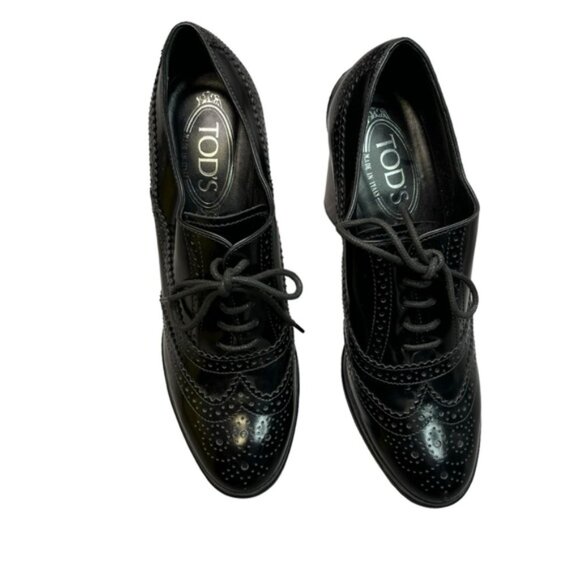 TOD'S Women's Black Leather Derby Style Pump Heels Size 38.5 Lace Up - Picture 2 of 10